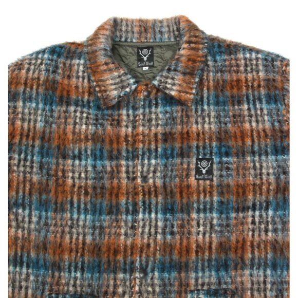 SOUTH2 WEST8 Coach Shaggy Plaid Brown Blue Men's Coat Jacket Japan sz L /654 - Picture 2 of 5